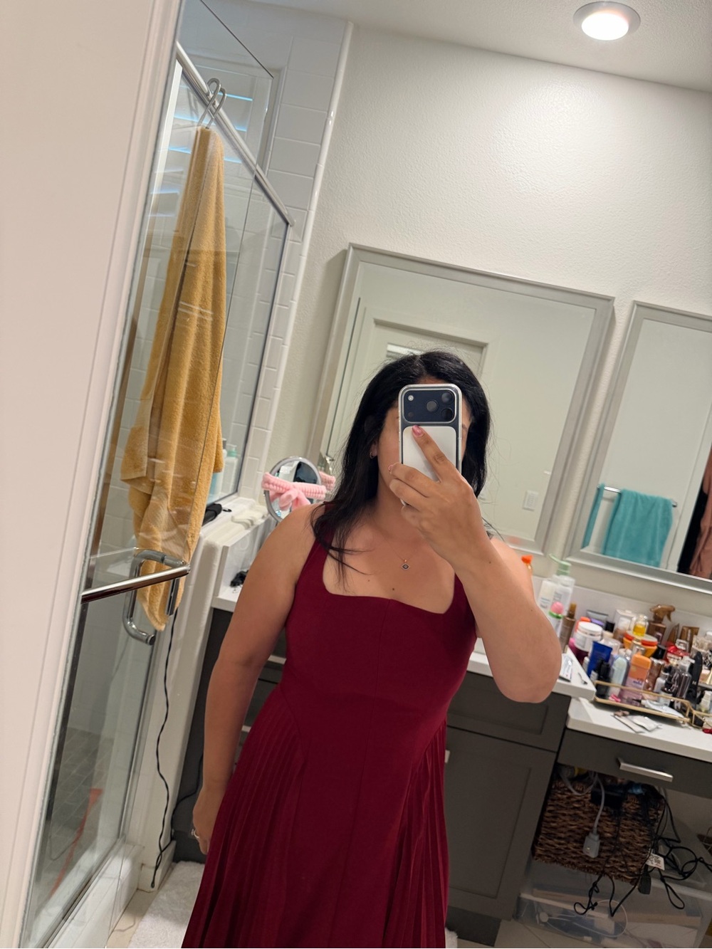 Deep Wine Red Square Neck MIDI Dress